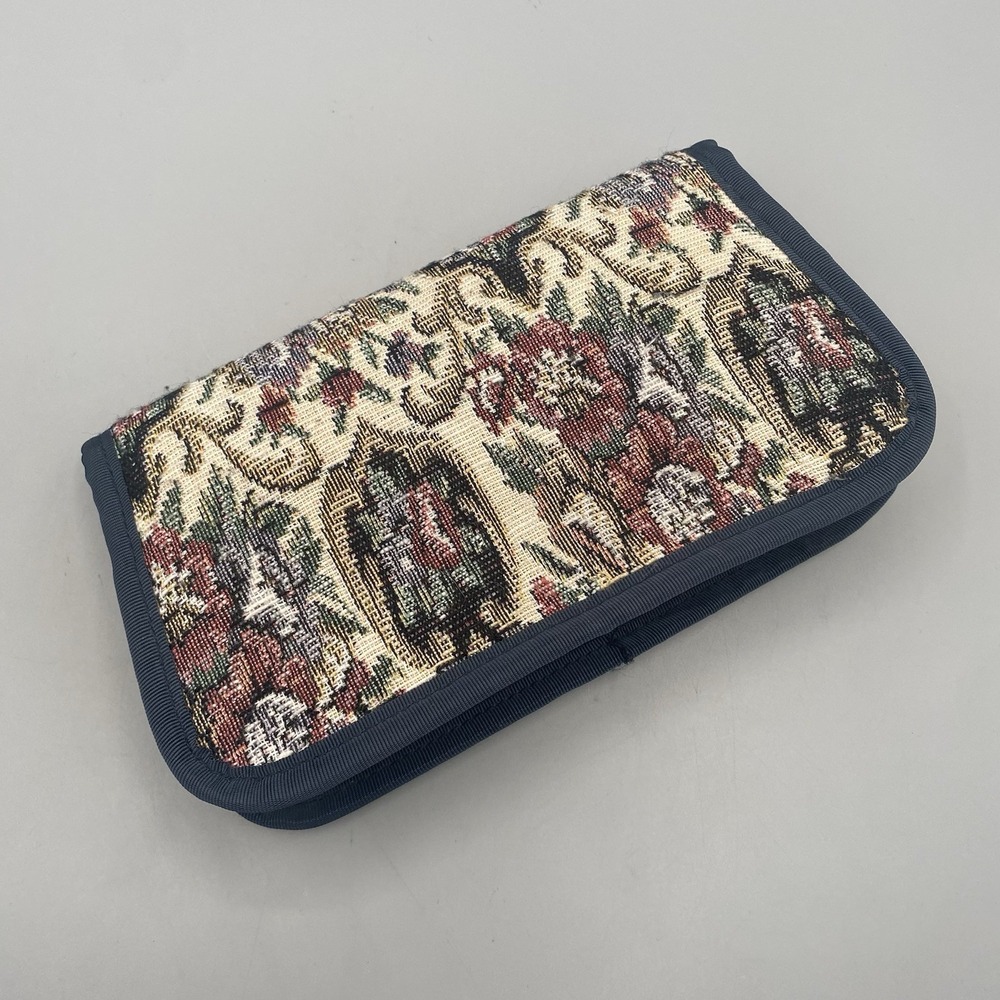 Vtg 70's Tapestry Wallet Snap Close Check Holder Key Ring Navy Blue Grannycore